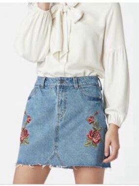 FunFab Floral Embroidered Denim Mini Raw Hem Cotton Skirt 90’s Size 31 Waist 16”